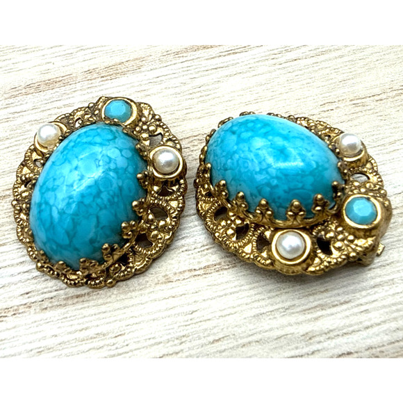 Estate Jewelry - VTG West Germany Clipon Earrings Hubbell Glass Faux Turquoise Gold Tone Filigree
